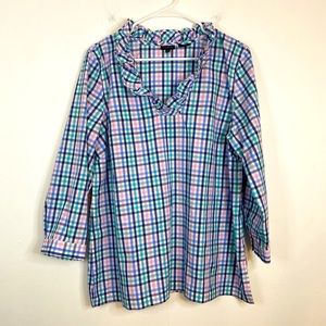 TALBOTS Pink White Navy Aqua Blue Lightweight Plaid Long Sleeve Tunic Top Ruffle